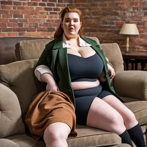 Women with big fat, loose bellies are Tess Holliday. Beautiful blonde women with beautiful faces are severely obese, obese American women with big, loose, protruding bellies wearing tailored jackets sitting on sofas in Brooklyn style brick rooms, 4K qualit...