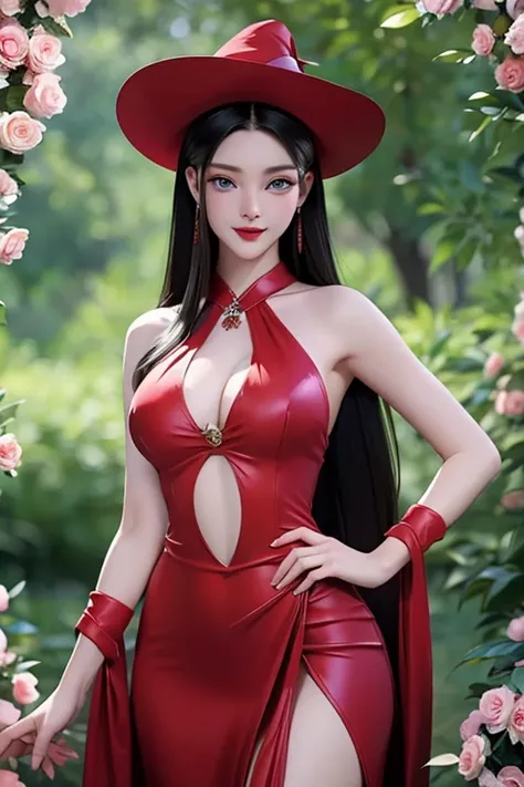 A captivating representation of a young red hat witch and beautiful model with an extremely beautiful face framed by black hair blue eyes red lips , her figure is breathtaking, Meticulously rendered with perfection in every detail, looking attractive in a ...