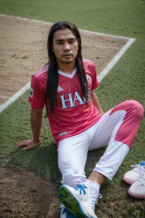 4D caricator of an Indonesian man with long hair wearing a soccer jersey number 11 with the SKC team name written in a pink costume with white pants wearing soccer shoes on a soccer field Hyperrealistic High contrast High color effect 8K Focus Detail