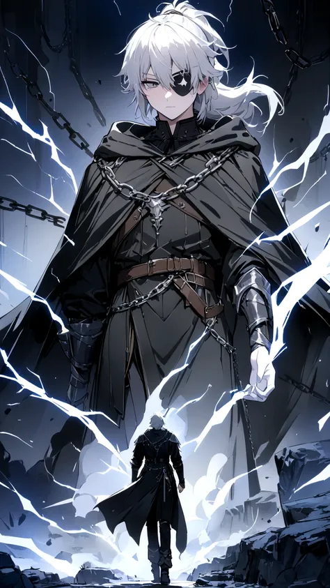 Anime character. A man, he was medieval. 27 years old, large body, cold gaze, cold expression, white skin, short and messy gray hair, ponytail, left eye patch, black clothes, black shirt, dark cape with hood, several chains. frontal camera. Walking under t...