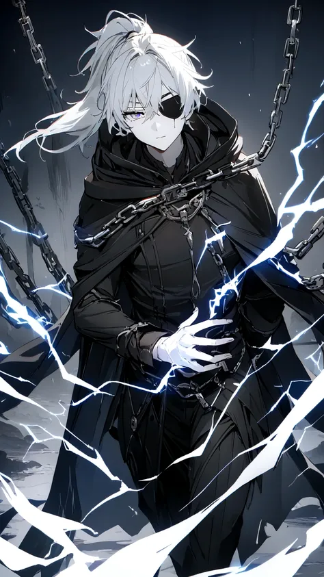 Anime character. A man, he was medieval. 27 years old, large body, cold gaze, cold expression, white skin, short and messy gray hair, ponytail, left eye patch, black clothes, black shirt, dark cape with hood, several chains. frontal camera. Walking under t...