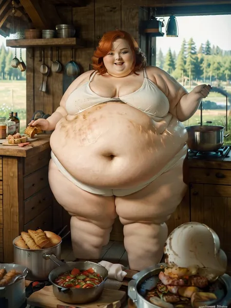 A happy photo of a young beautiful redhead wife bbw with short ginger hair soft fat belly, wide fat obese hips, thick fat legs and fat arms, cute pretty face, blue eyes, freckles, in sime white underwear , cooking goulash in a cauldron with a fire place be...