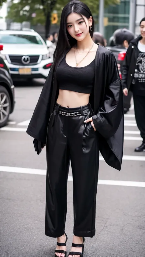 Beautiful Chinese girl wearing a black robe jacket wearing a black shirt and black trousers wearing sandals and a black chopper necklace, showing off her slim stomach, black hair, photo in the city (masterpiece) 8k