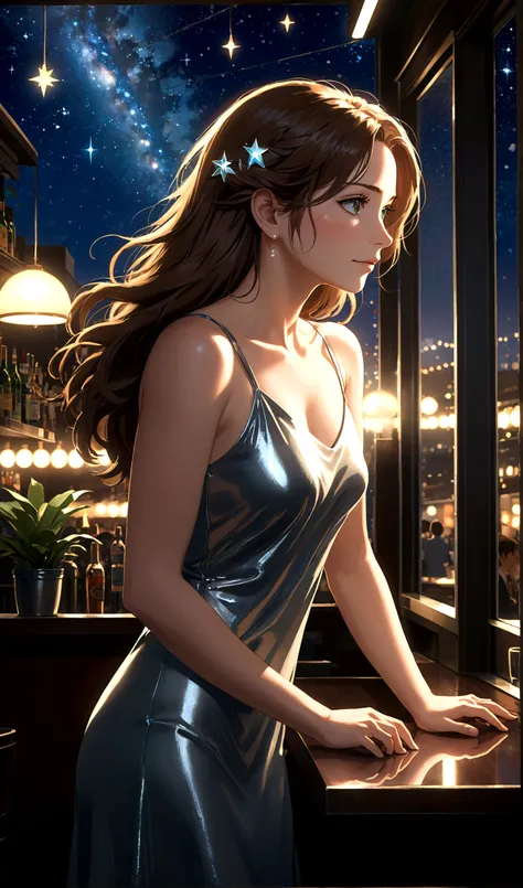 Uses Makoto Shinkai&#39;The depiction is perfect,Julia Roberts portrait,8k 4k masterpiece photo ,Milan,Glass ceiling jazz bar,I can see the twinkling stars through the glass window.,that&#39;Outside in the dark night,Jazz is playing,profile,Beautiful profi...