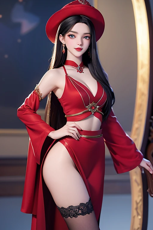 A captivating representation of a young red hat witch and beautiful model with an extremely beautiful face framed by black hair blue eyes red lips , her figure is breathtaking, Meticulously rendered with perfection in every detail, looking attractive in a ...