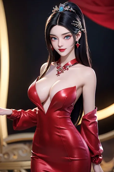 A captivating representation of a young red hat witch and beautiful model with an extremely beautiful face framed by black hair blue eyes red lips , her figure is breathtaking, Meticulously rendered with perfection in every detail, looking attractive in a ...