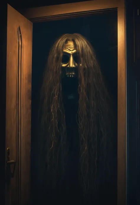 a floating head ghost with long hair,scary face,lurking at the door in night time,UHD,8k,dynamic lighting,hyper fidelity,surrealisme,intricate detail,