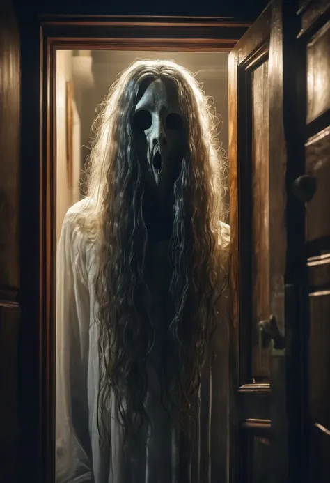 a floating head ghost with long hair,scary face,lurking at the door in night time,UHD,8k,dynamic lighting,hyper fidelity,surrealisme,intricate detail,