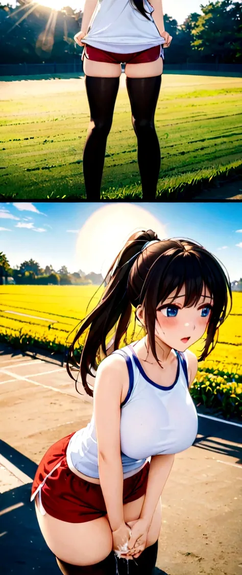 1 woman, long hair,ponytail, black hair, blue eyes,standing in the training ground, field, big breast,morning, bright sun, white...