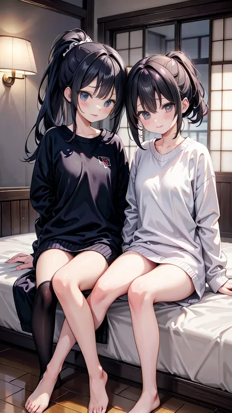 An absurd solution, High resolution, (masterpiece: 1.4), Very detailed, (((Detailed face, Detailed Expression)), Two Girls, Girl and Girl, friend, best friend, Classmate, relax, ponytail, Bob, sitting on bed, Sitting on the floor, Two people having a conve...