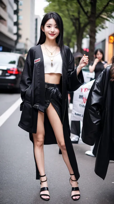 Beautiful Japanese girl wearing a black robe jacket wearing a black shirt and black trousers wearing sandals and a black chopper necklace, showing off her slim stomach, black hair, photo in the city (masterpiece) 8k