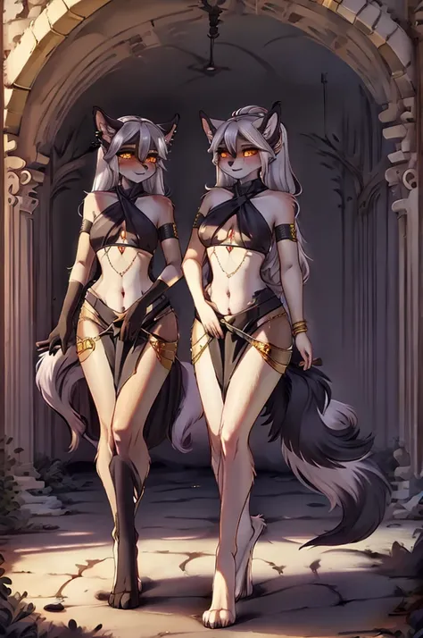 ((best quality, masterpiece, perfect anatomy, detailed picture)), furry, 2 females espalda con espalda, pantherine, two tone fur, black body, grey fur, sexy, long white hair, ponytail hair, fluffy feline tail, yellow sclera, tribal tattoo, ear rings, red b...