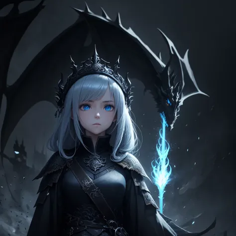 Dark environment and that it is like anime and that it has beautiful designs and an adult girl looking straight ahead with a dragon clothing with a crown on top with 8k or HD designs that is anime and that it has a straight face and blue eyes and everythin...