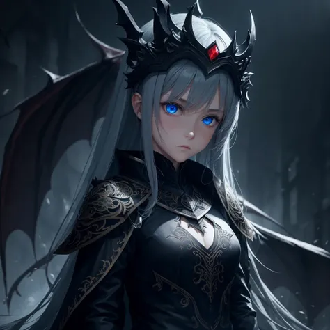 Dark environment and that it is like anime and that it has beautiful designs and an adult girl looking straight ahead with a dragon clothing with a crown on top with 8k or HD designs that is anime and that it has a straight face and blue eyes and everythin...