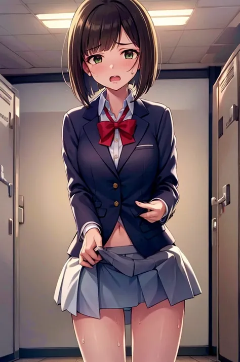 masterpiece, Highest quality, High resolution, MyMiku, short hair, teeth, , Red Bow, Collared shirt, Blue jacket, blazer, Long sleeve, Pleated skirt, Grey Skirt, Black knee socks, Cowboy Shot, anger, Are standing, locker room,Shirt open,Skirt flip,Panties ...