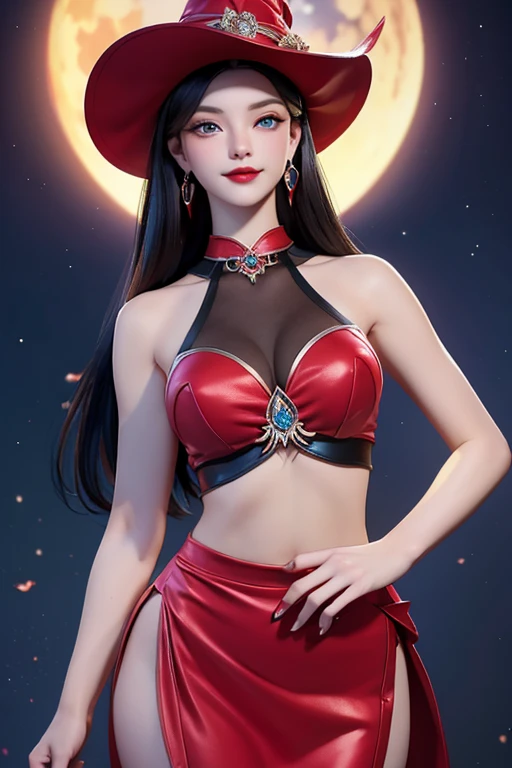 A captivating representation of a young red hat witch and beautiful model with an extremely beautiful face framed by black hair blue eyes red lips , her figure is breathtaking, Meticulously rendered with perfection in every detail, looking attractive in a ...