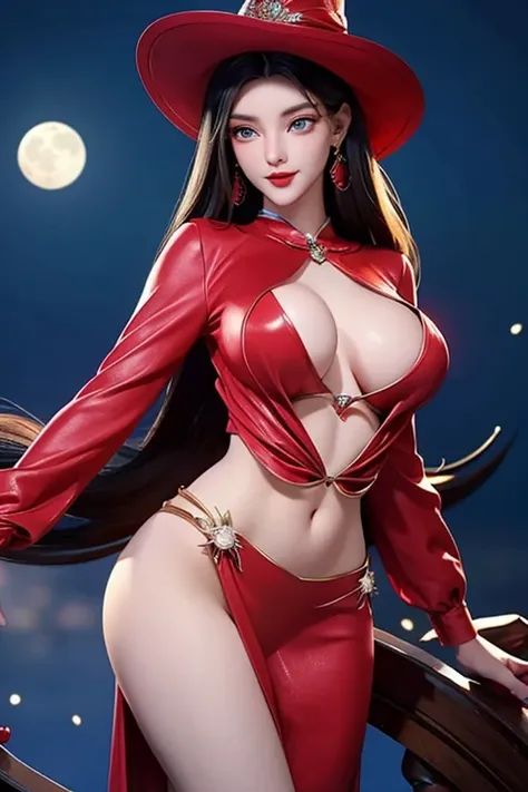 A captivating representation of a young red hat witch and beautiful model with an extremely beautiful face framed by black hair blue eyes red lips , her figure is breathtaking, Meticulously rendered with perfection in every detail, looking attractive in a ...