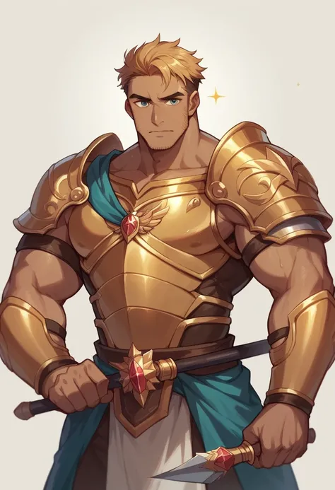 A Indian male muscular warrior shining as bright as the sun with the golden chest armour and holding a magical bow