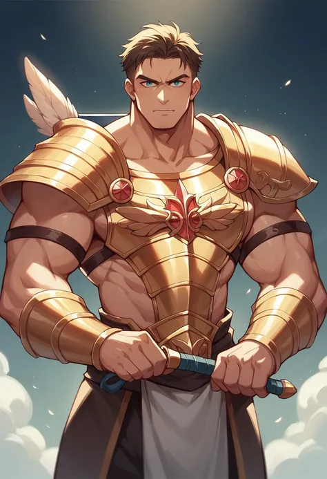 A Indian male muscular warrior shining as bright as the sun with the golden chest armour and holding a magical bow