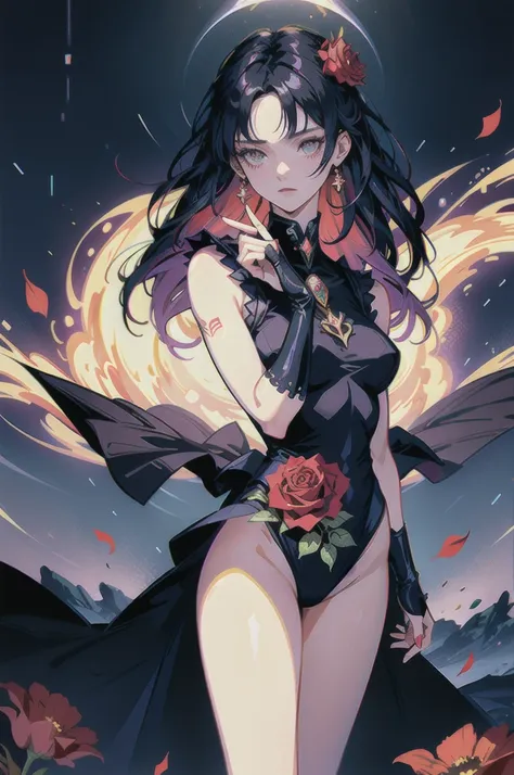 full HD foto realismo Exquisite and charming anime style illustration, sailor moon fusão com Naruto dark Power fire in the rose flower fire black bed, a beautiful girl with withe black dark devil hair, mel eyes, half body, hiding in the flowers dark black ...