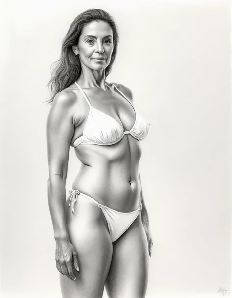 Graphite pencil drawing of the same 50yo Brazilian woman, front and back view, full body, standing, wearing white bikini, white background