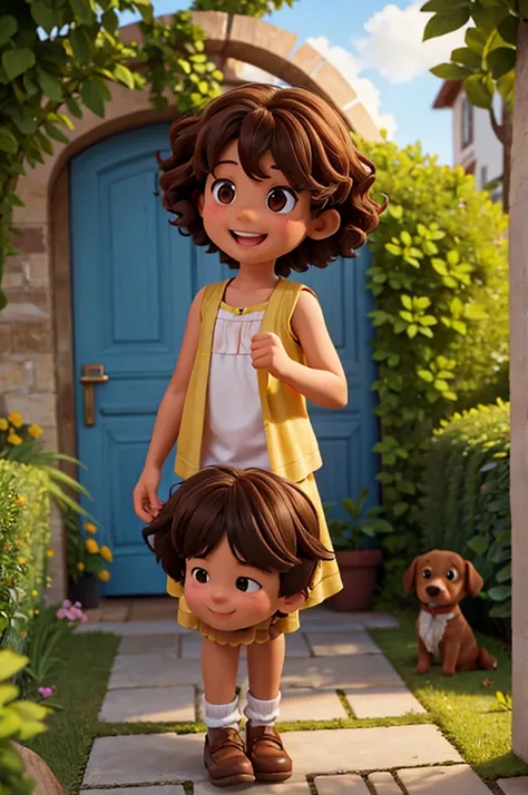 , 4 years old, shoulder-length curly brown hair, bright brown eyes, happy and smiling, very smart. in a garden with a secret door. and with his brown labrador dog, with his 8-year-old older sister and his 4-year-old dark-skinned friend