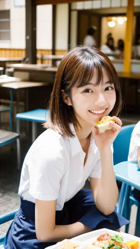 25 years old, Japanese woman, beautiful, smiling, medium hair, eating lunch, white shirt