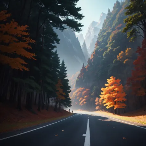 Fallen leaves on the road in the mountains., Atey Ghailan 8K, Inspired by Sylvain Sarrailh, makoto shinkai cyril rolando, 4K Concept Art Wallpaper, Digital painting concept art, cyril rolando and goro fujita, inspired by Atey Ghailan