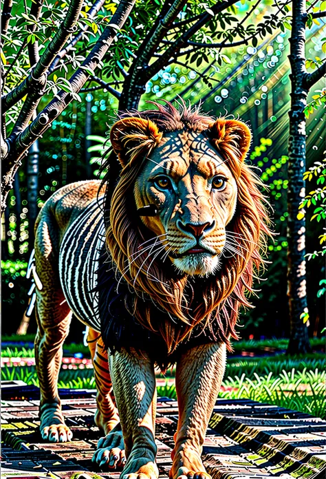 generate an image of a lion in a forest and other animals around