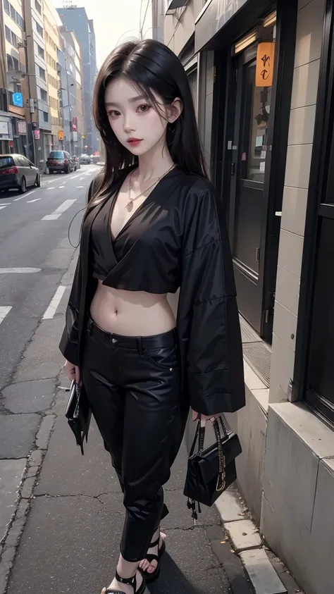 Beautiful Japanese girl wearing a black robe jacket wearing a black shirt and black trousers wearing sandals and a black chopper necklace, showing off her slim stomach, black hair, photo in the city (masterpiece) 8k