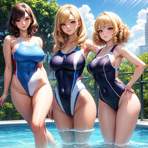 ((Best quality)), ((masterpiece)), (detailed), young woman,sports uniforms, athletic body, wide hips, long legs, Large legs, Medium breasts, waist, short hair, curly hair, blonde hair,Beautiful face, bathing suit, Closed suit