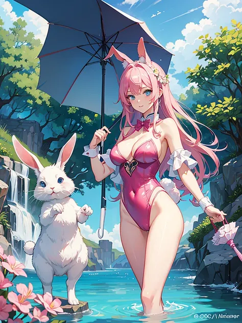 Woman and rabbit hybrid, with blue eyes, pink  hair , in white swimsuit, holding an oriental umbrella, the setting is oriental 