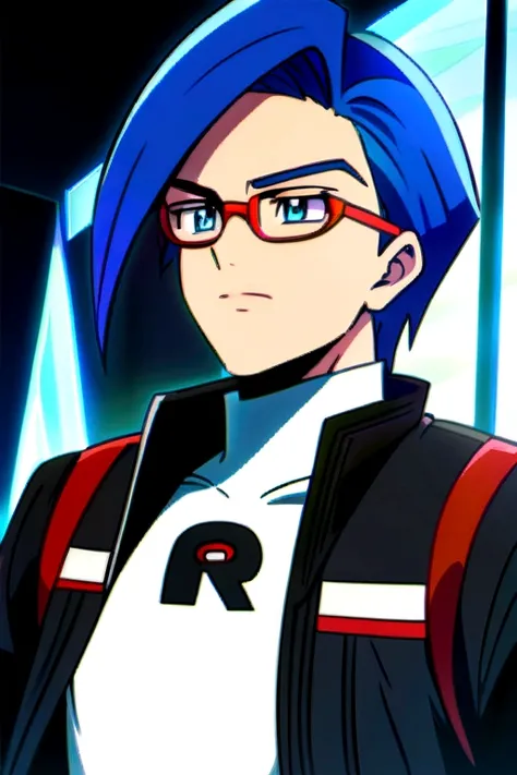 male character, anime style, a boy with clothing based on Team Rocket from Pokémon, He wears glasses and has blue hair...