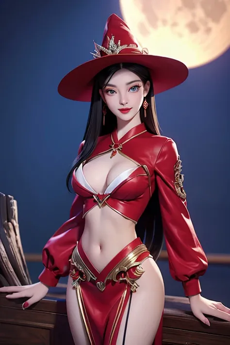 A captivating representation of a young red hat witch and beautiful model with an extremely beautiful face framed by black hair blue eyes red lips , her figure is breathtaking, Meticulously rendered with perfection in every detail, looking attractive in a ...