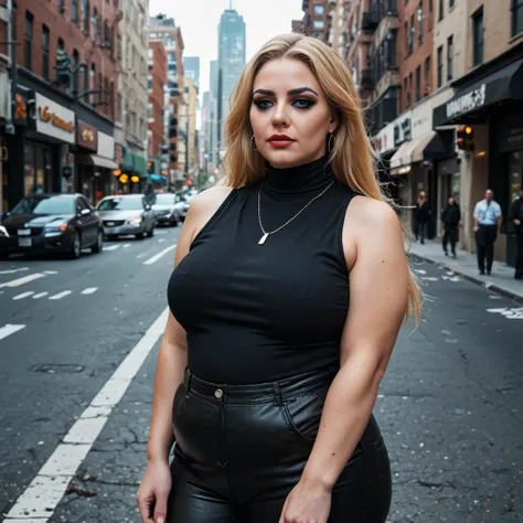 A mature, large, obese, big-breasted lady with 100HH bust size, thick makeup, a black leather collar, ((no pendant)), and very long blonde hair, detailed sleeveless turtleneck top, pants, necklace, city streets, new york, bright colors