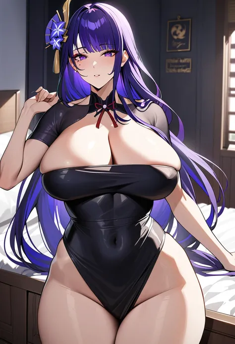 Raiden Shogun, purple hair, hair ornament,  wide hips, sexy, big breasts, bedroom, masterpiece, high quality, highres, random clothes, tight dress, posing