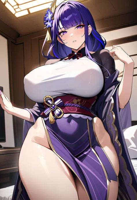 Raiden Shogun, purple hair, hair ornament,  wide hips, sexy, big breasts, bedroom, masterpiece, high quality, highres, random clothes, tight dress, posing