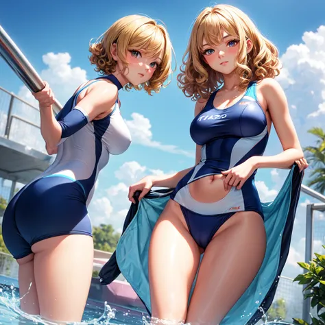 ((Best quality)), ((masterpiece)), (detailed), young woman,sports uniforms, athletic body, wide hips, long legs, Large legs, Medium breasts, waist, short hair, curly hair, blonde hair,Beautiful face, bathing suit, Closed suit