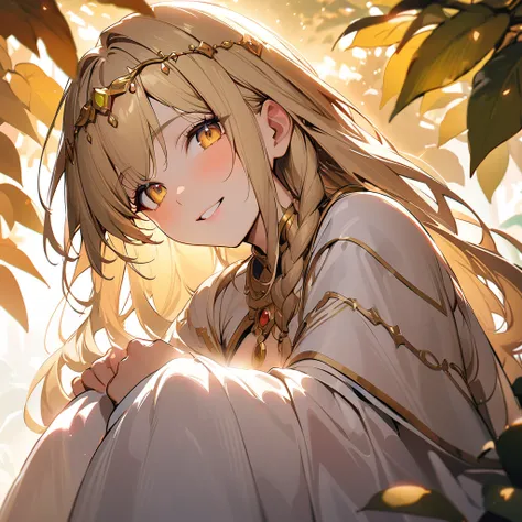 1boy, long absolutely overflowing blonde hair loosely braided, golden eyes, subtle holy glow, small golden circlet, looking at viewer, smiling, white robes, flat chest, girly boy, gigantic tree with golden leaves background, textured skin, award winning, h...