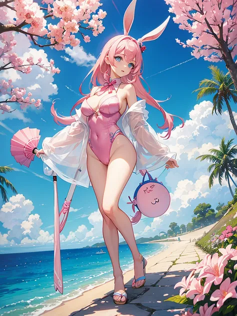 Woman and rabbit hybrid, with blue eyes, pink  hair , in white swimsuit, holding an oriental umbrella, the setting is oriental 