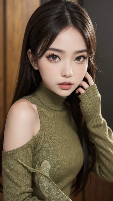 A girl with chameleon-style makeup posing gracefully、It blends in perfectly with the rich texture of Borneo&#39;s lush jungle.。, Demonstrate her uncanny ability to adapt to her surroundings. image, Resembles a museum-quality masterpiece, Vibrant colors and...