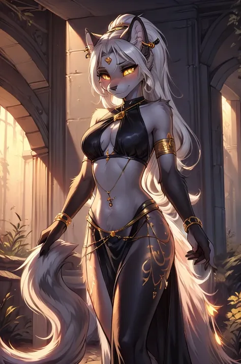 ((best quality, masterpiece, perfect anatomy, detailed picture)), furry, 1female, pantherine, two tone fur, black body, grey fur, sexy, long white hair, ponytail hair, fluffy feline tail, yellow sclera, tribal tattoo, ear rings, red blushing, shy, in the r...