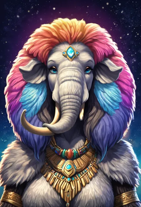 Create an illustrated, hand-drawn, full-color image of an anthropomorphic wooly mammoth women. The artwork should be rendered in the style of "Breath of the Wild," featuring warm lighting and shadows. Include graphite shading, stencil marks, and airbrushed...