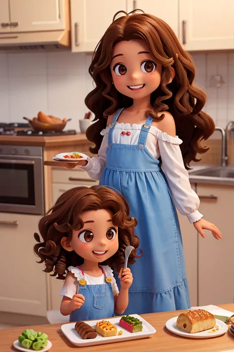 4 year old girl, shoulder length curly hair, brown, olhos brown e brilhantes, happy and smiling, very smart. with his father and mother with long curly hair. Making food