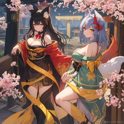 ((tabletop,best qualityer)),2 little girls, kimono preto, legging preta, a black ribbon, Bblack hair, cherry blossom flower, giorno, flowers, hair bun, hair ribbon, common, kimono, long hair, gazing at viewer, Looking back , several girls, a belt, plein-a...