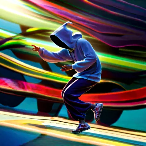 blurred image of a hooded break dancer doing a trick, cyril rolando and goro fujita, beep style, photo manipulation, beeple-style hybrid mix, photo manipulation, inspired by Cirilo Rolando, in style of cyril rolando, by Cirilo Rolando, Parkour, creative ph...