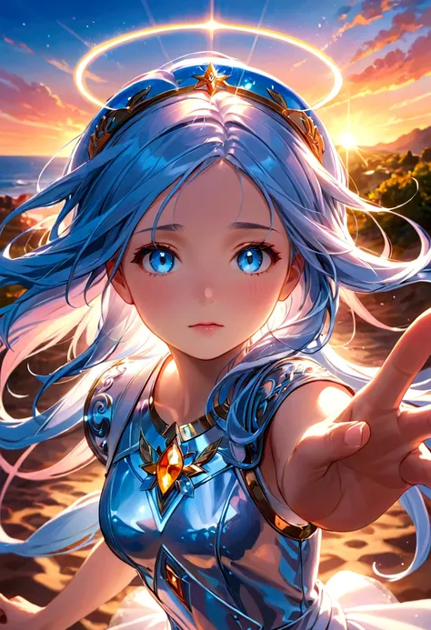 An intense, dynamic close-up shot of a girl reaching out with her hand. Her light blue eyes shine like glass, filled with a captivating sparkle. Her hair, a brilliant sunset hue, glows with a soft halo effect. The background is artistically blurred, enhanc...