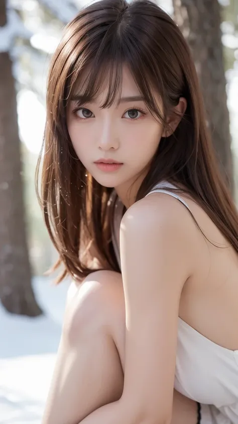 panties slightly visible, long dress, (hits the knees), 1 female, close-up of face, light brown hair, blunt bangs, hair behind the ears, hair that falls to the shoulders, long hair, slender body type , ultra fine face, thin face, delicate lips, beautiful e...