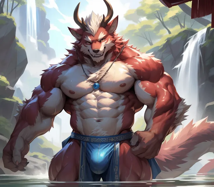 ((best quality)), ((masterpiece)), (ultra detailed), perfect face,antro baize:2.5, male , ((deep-crimson fur)), (strong beefy muscular body), ((abs, strongmuscles, 8 pack)), furry, handsome,Beautiful and delicate eyes, (ultra detailed eyes, (yellow):0.1 ey...