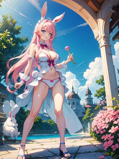 Woman and rabbit hybrid, with blue eyes, pink  hair , in a white bikini, holding an oriental umbrella, the setting is oriental 